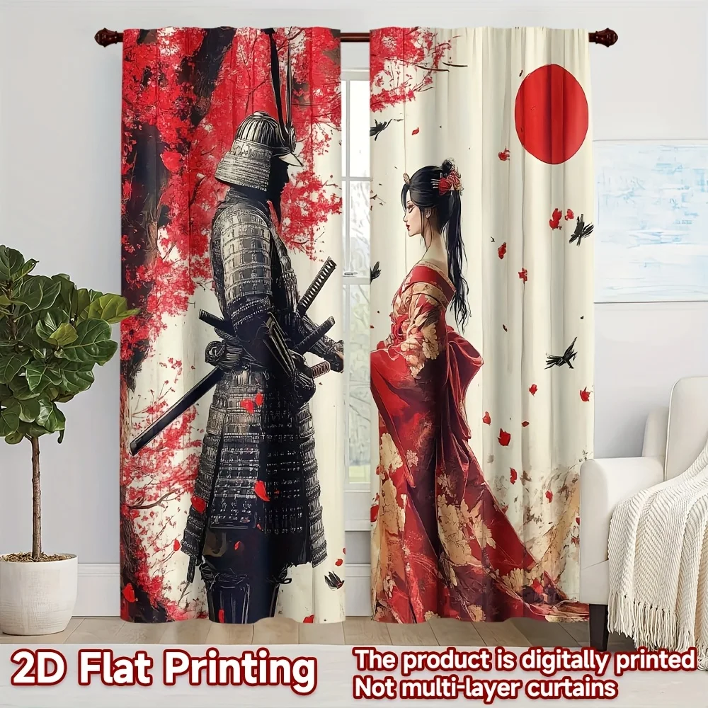 Japanese Samurai and Geisha Curtains Traditional Red Sun Ink Painting Art Window Drapes for Living Room Bedroom Decor