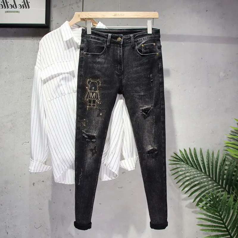 Spring and Autumn Luxury Rhinestone Korean Style Men's Classic Black Jeans with Distressed Holes Elastic Skinny Fit Pants Male