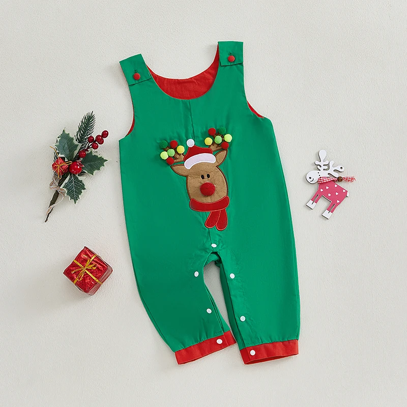 Baby Christmas Overalls Plaid Reindeer Embroidered 3D Ball Long Sleeve Contrast Color Jumpsuit