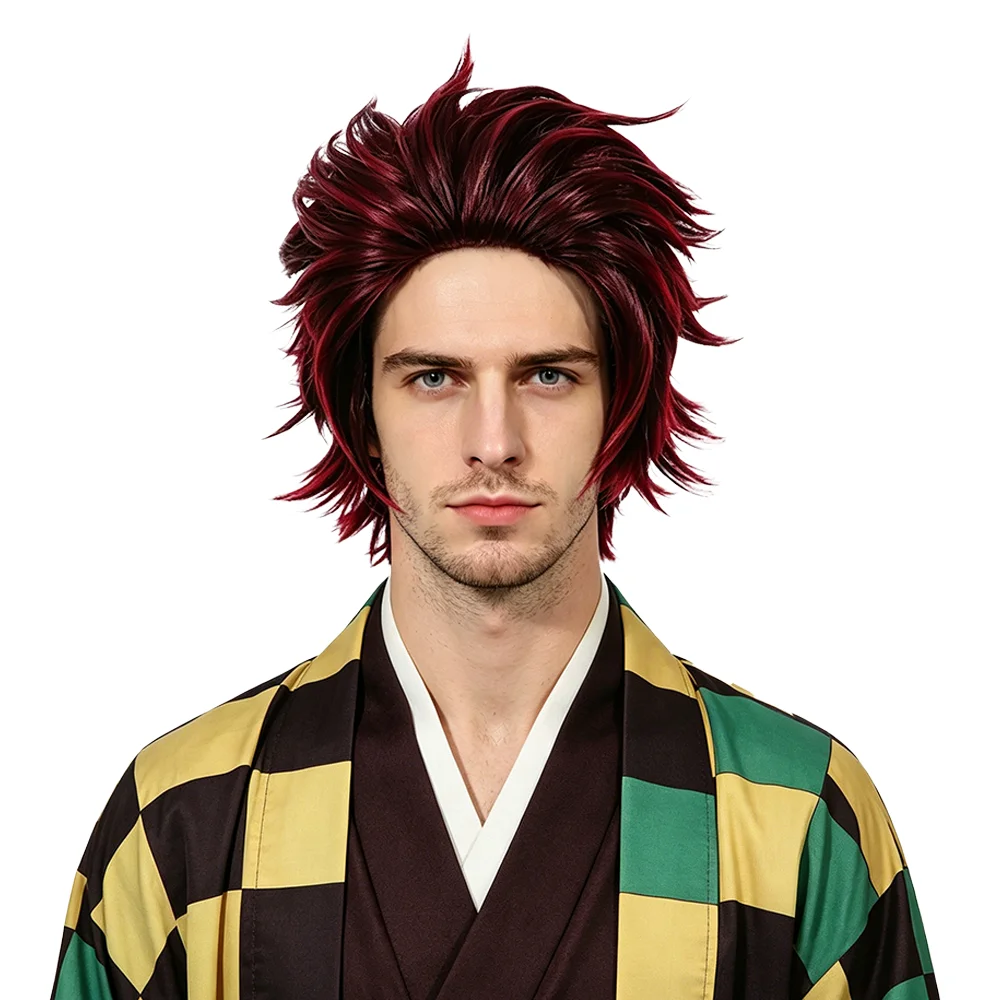 32cm Black to Burgundy Ombre Men Spiky Short Wig Top Ahoge Fluffy Layered High Temperature Silk Universal Cosplay Wig Free Cap