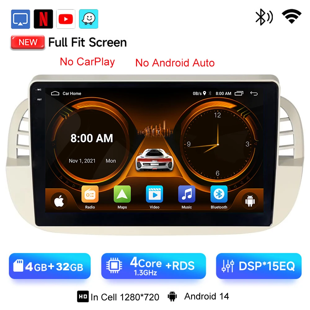 JIUYIN 9 "Android 15 Autoradio Voor FIAT 500 2007-2015 Multimedia Draadloze CarPlay Android Auto GPS Navigatie 4G Stereo Scherm