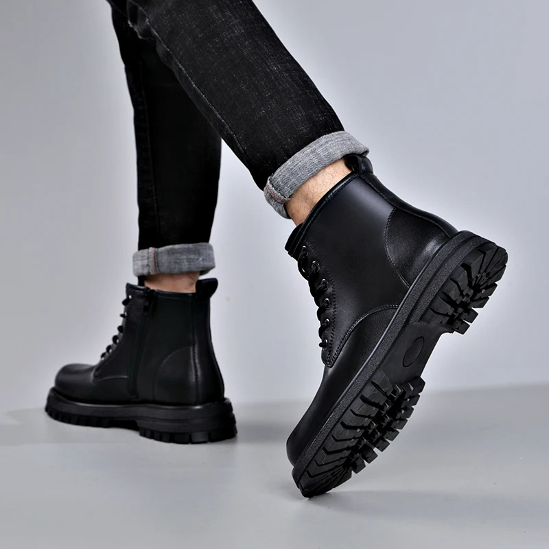 men boots black tide casual shoes business office formal dress cowboy genuine leather boot handsome platform ankle botas hombre image 4