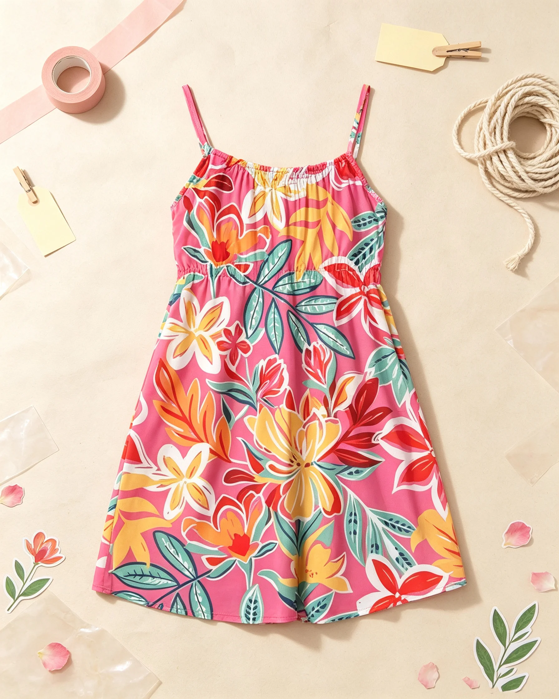Kids Casual Comfortable Sleeveless Jumpsuit with Suspender Square Collar Flower & Leaf Print Elastic Waist Shorts for Children