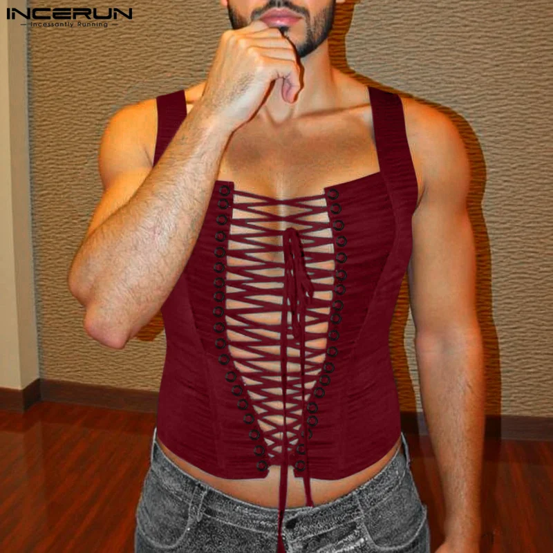Männer Tank Tops Aushöhlen Oansatz Ärmellose Spitze Up Sexy Party Unisex Westen Streetwear 2025, Mode Männer Kleidung S-5XL INCERUN