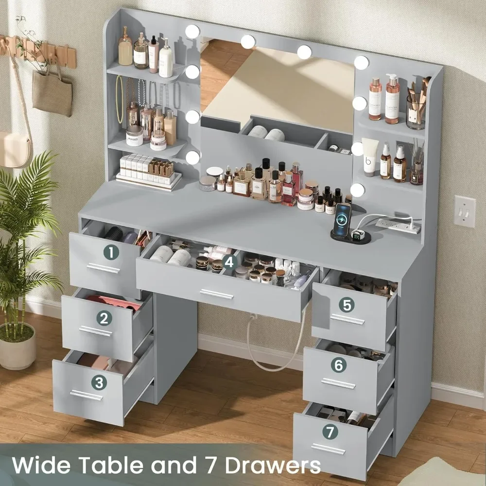 Large Vanity Desk with LED Lighted Mirror & Power Outlet, Makeup Vanity Table with 7 Drawers,4 Shelves and 5 Hooks, Vanity Table