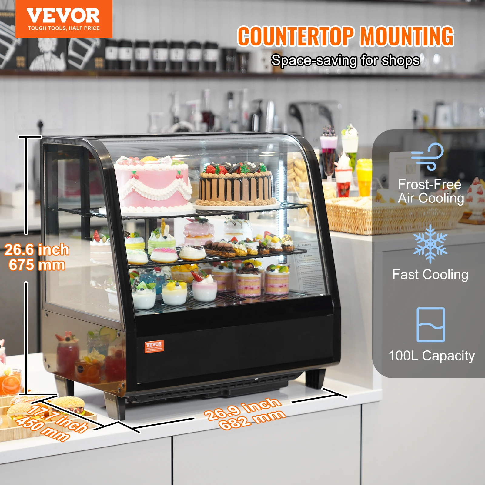 VEVOR Refrigerated Display Case Countertop Pastry Display Case LED Lighting TURBO Cooling FrostFree AirCooling Rear Sliding Door