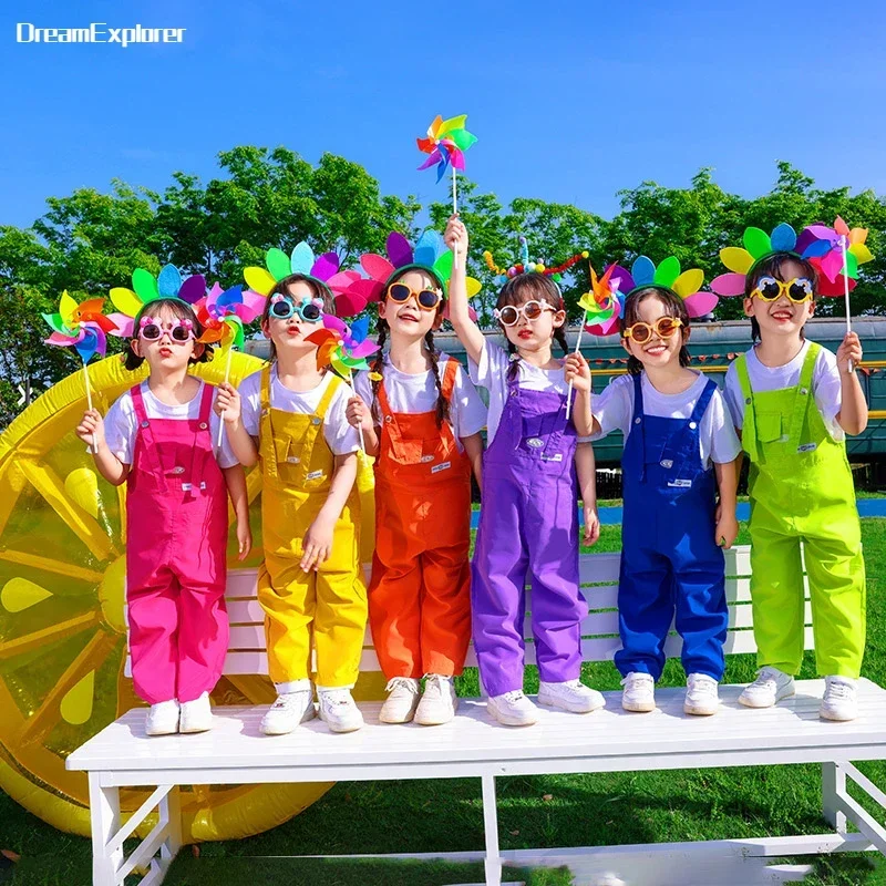 Boys Hip Hop Loose Colorful Overalls Girls Patchwork Dungaree Children Candy Color Jumpsuit Street Dance Romper Kids Streetwear