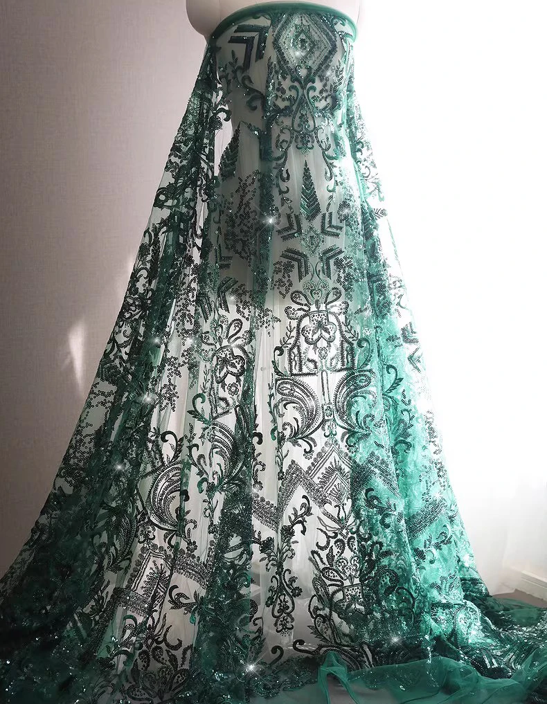1yard New soft mesh fabric Dark green sequin embroidery telas Wedding Dress cheongsam fabrics for clothing