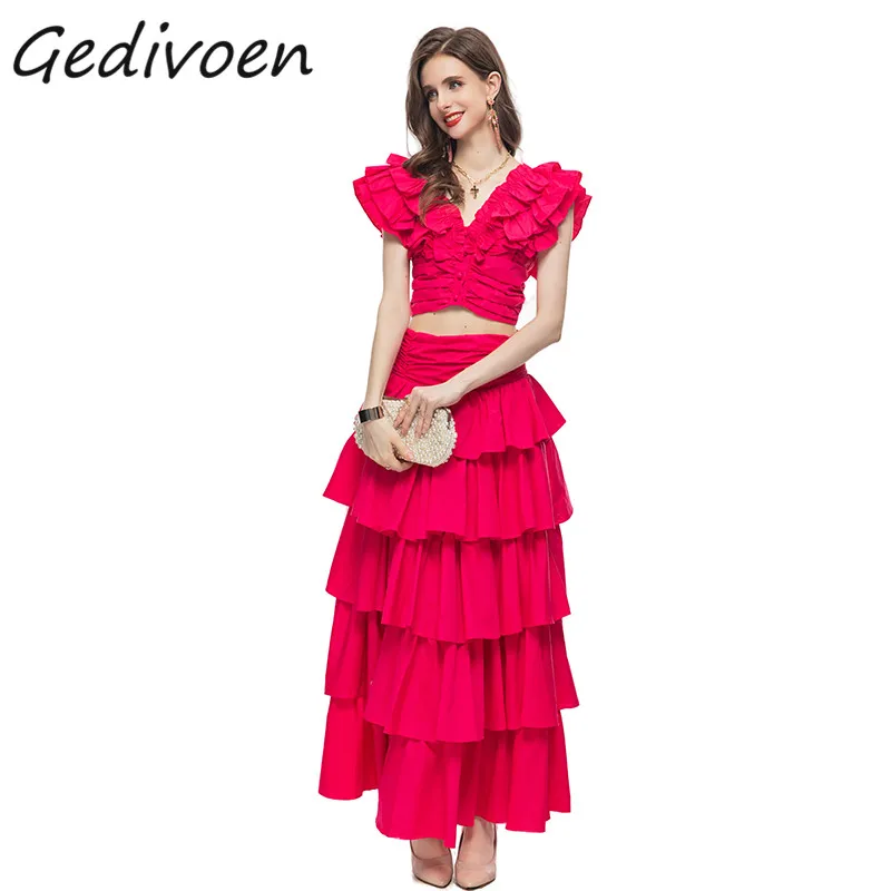 Gedivoen Summer Fashion Runway Elegant Skirt Suit Women V-Neck Backless Ruched Top+Elastic Waist Ruffles Half Skirt 2 Pieces Set