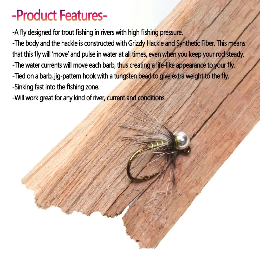 Bimoo 6pcs #12# 14 #16 Tungsten Bead Head Grizzly Hackle Jig Nymph Fly Fast Sinking Barbed Wet Euro Nymph Fly Trout Fishing Lure