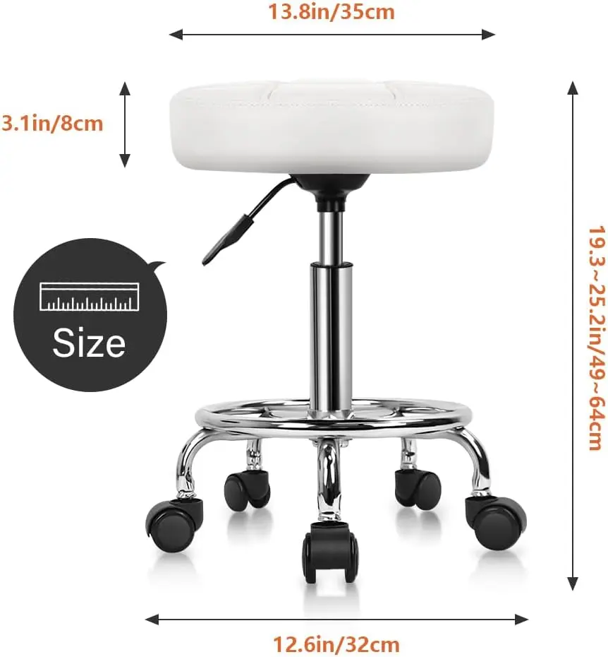 Round Rolling Stool Chair PU Leather Height Adjustable Swivel Drafting Work SPA Shop Medical Salon Stools with Wheels Of