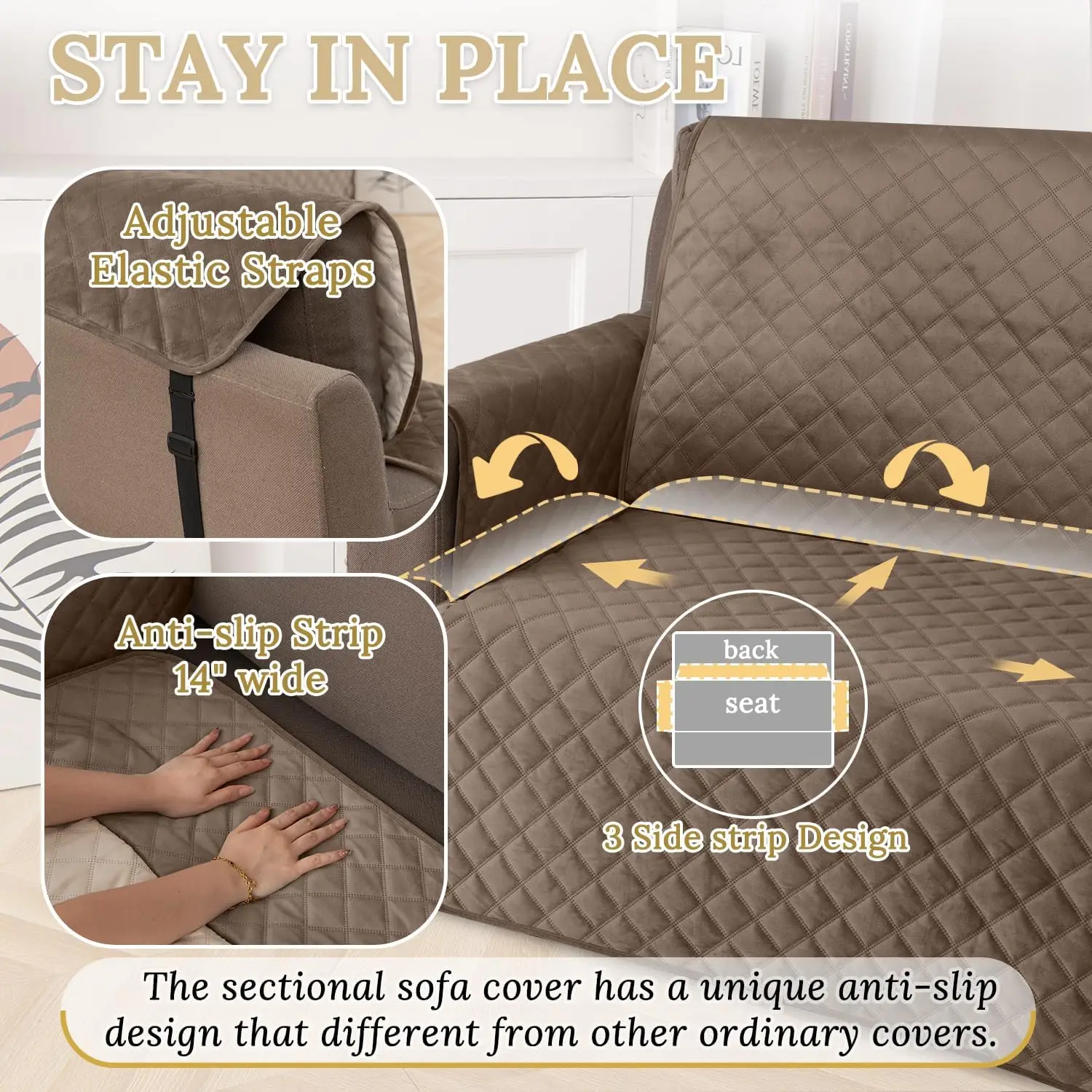 Wodoodporny pokrowiec na narożną sofę modułową, aksamitny pokrowiec na sofę w kształcie litery L, chroniący przed zwierzętami, antypoślizgowy, jasnobrązowy, XX-Large