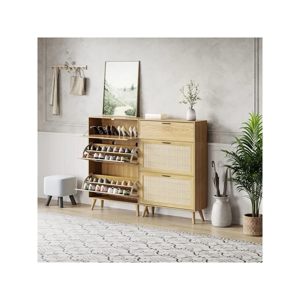 Natural Rattan Shoe Cabinet, Entryway Shoe Cabinet with 2 Flip Drawers and Hidden Cabinet, Boho Shoe Organizer Cabinet, Wooden