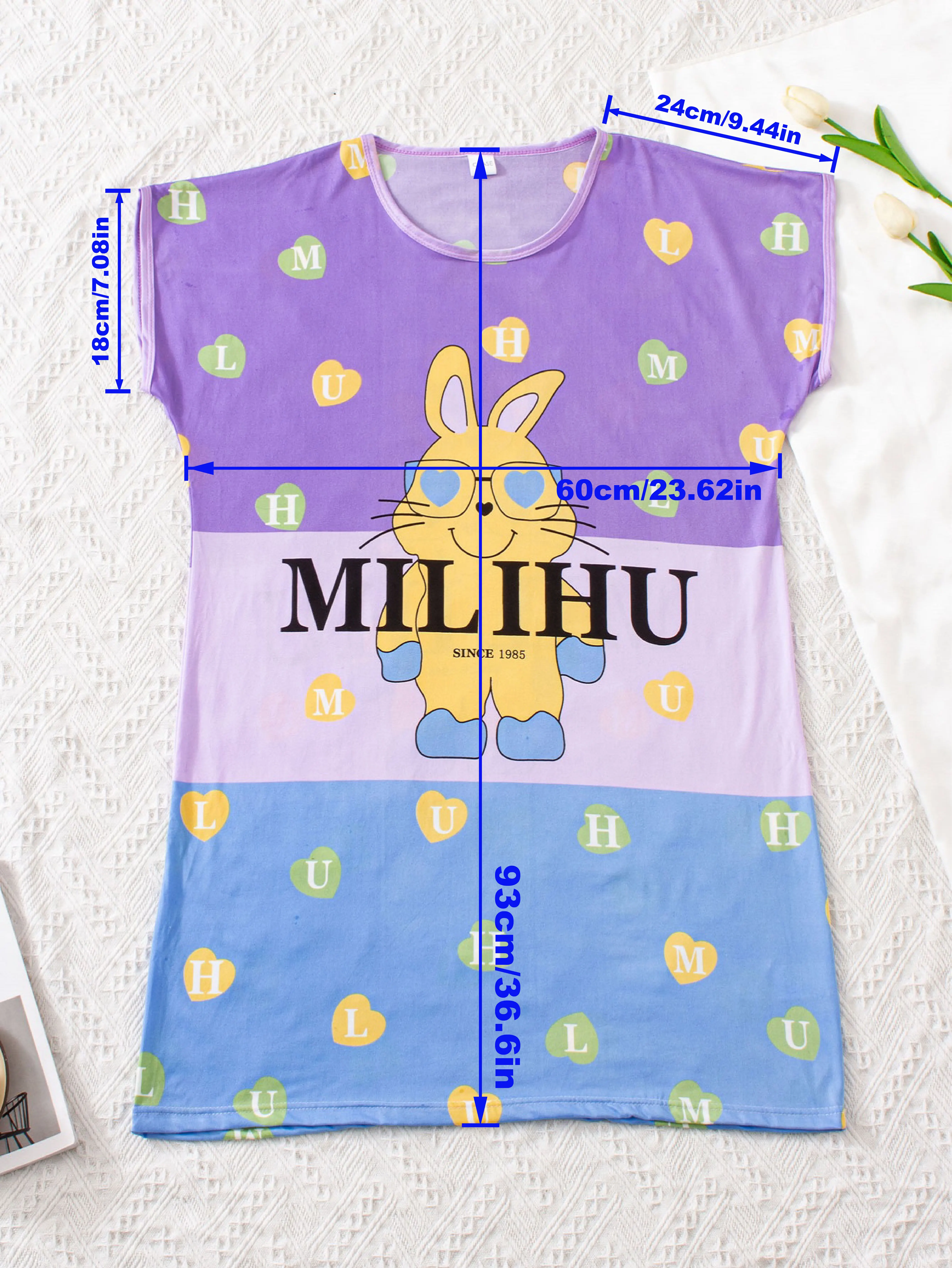 Cartoon Purple Rabit Lounge-Kleider, bequemes, süßes, kurzärmliges Kleid mit Rundhalsausschnitt, Loungewear und Kleider für Damen – Detail 5