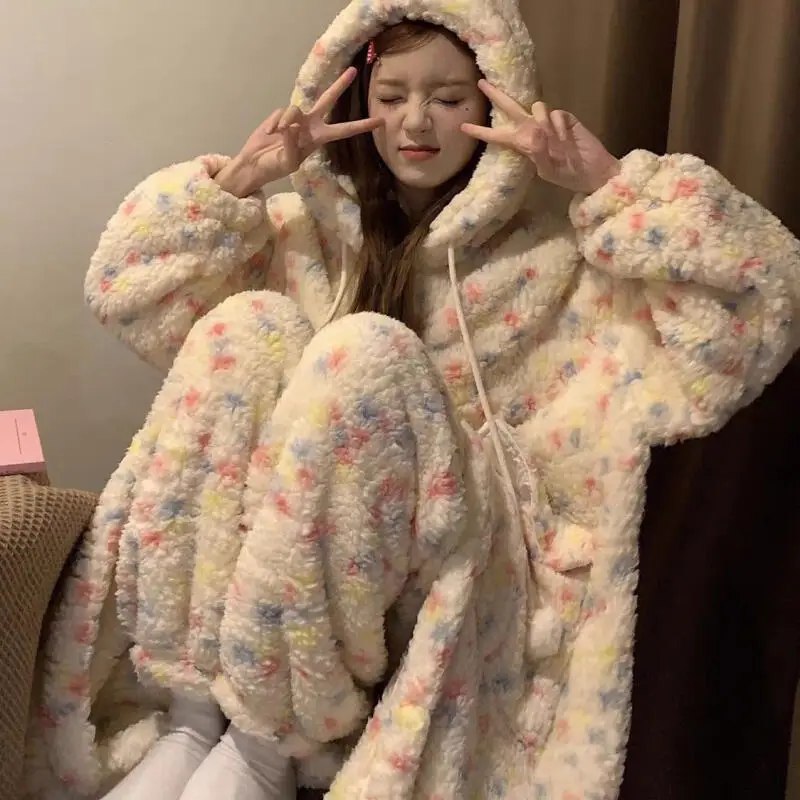 الشتاء رشاقته فتاة بيجامة مجموعة Kawaii مقنعين رداء لطيف الدفء Homewear يمكن ارتداؤها كملابس خارجية المرجان الصوف طالب ملابس خاصة #2
