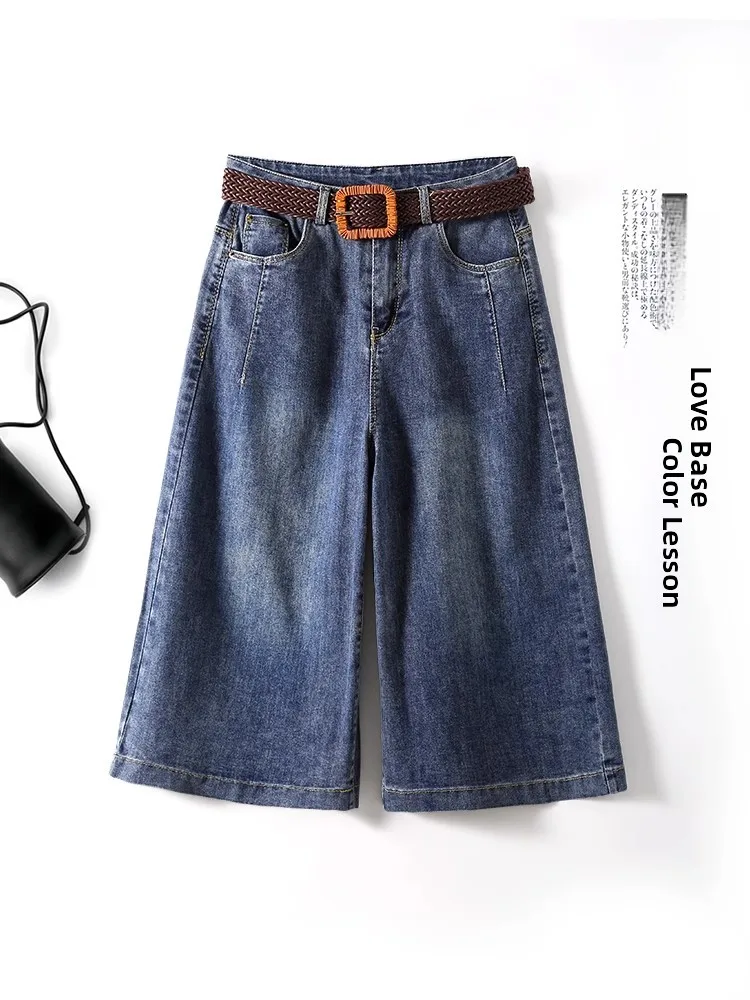 

Джинсовые брюки с высокой талией, женские летние тонкие широкие брюки с пятью точками, винтажные прямые брюки свободного покроя, повседневные брюки на молнии