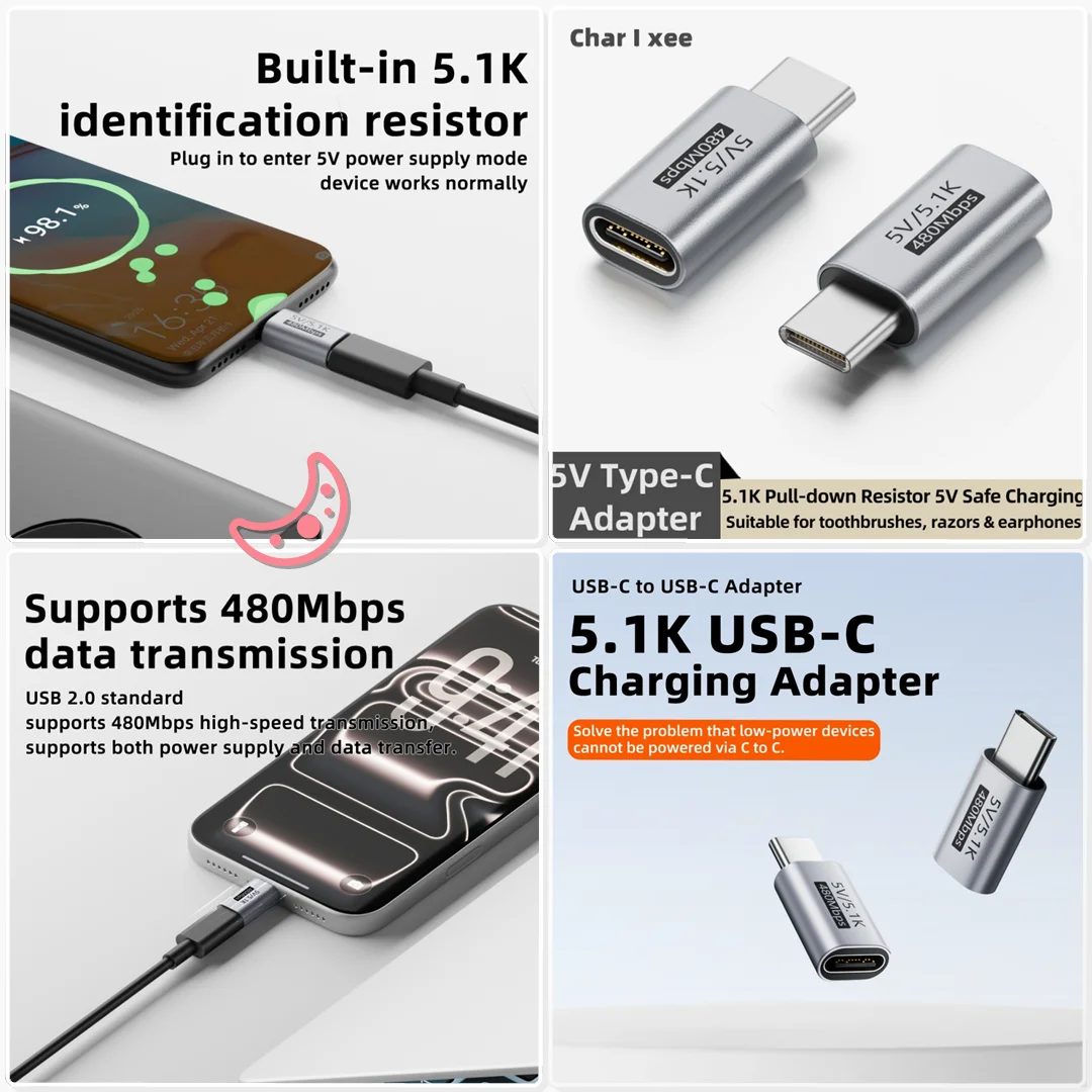 5.1K Resistor USB C Charging Adapter Safe Low Power PVC Shell Bedside Headset Power Top Up Cable Adapter