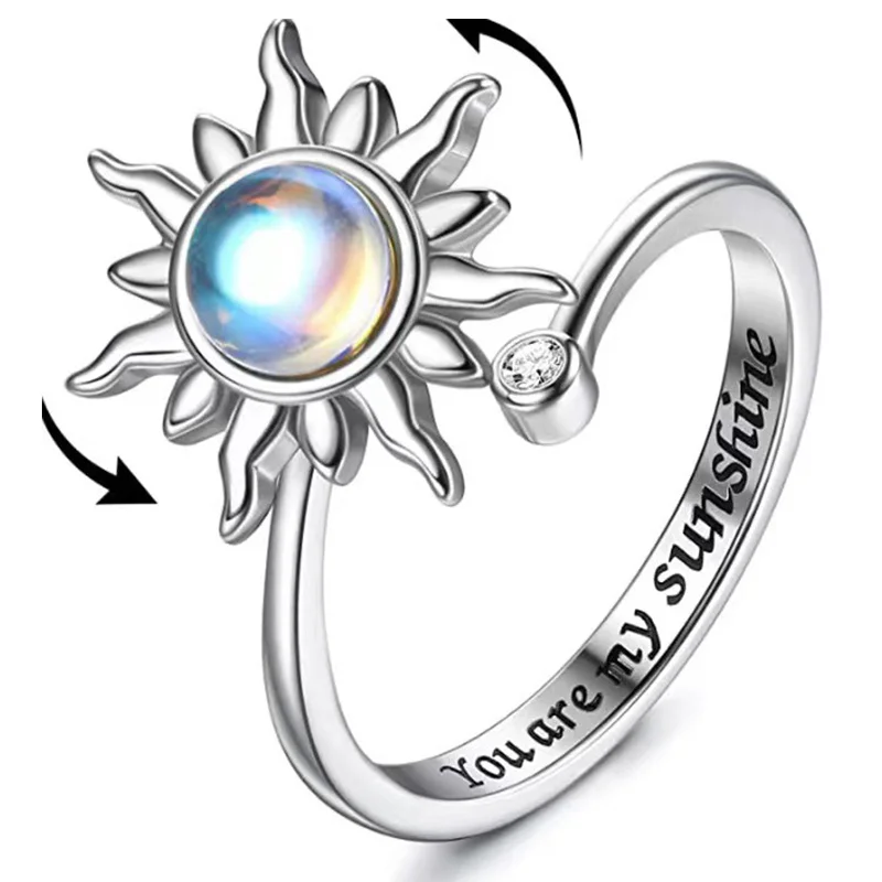 Fashion Crystal Opals Sunflower Woman Anxiety Ring Worry Stress Relief Rotate Freely Fidget Metal Spinner Anti Stress Ring