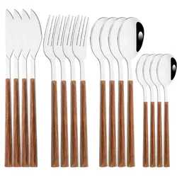 16Pcs Stainless Steel Cutlery Set Imitation Wooden Handle Western Tableware Brown Silver Knife Fork Spoon Kitchen Dinnerware Set