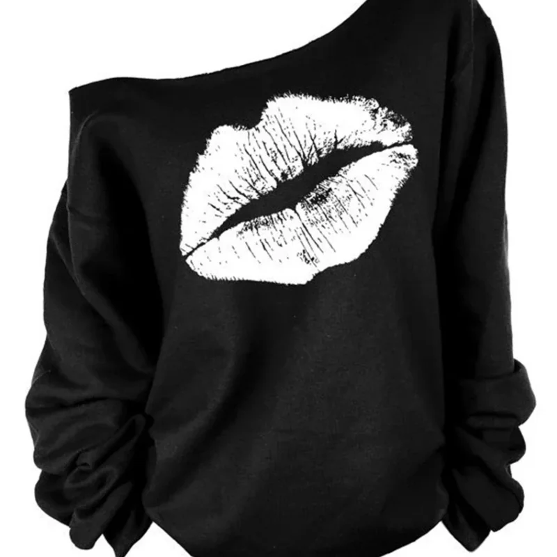 

One Shoulder Hoodies Winter Women Printed Big Lips Fashion Thick Hoodie Pullover Sweatshirt Couple Women Cheap Loose Clothing