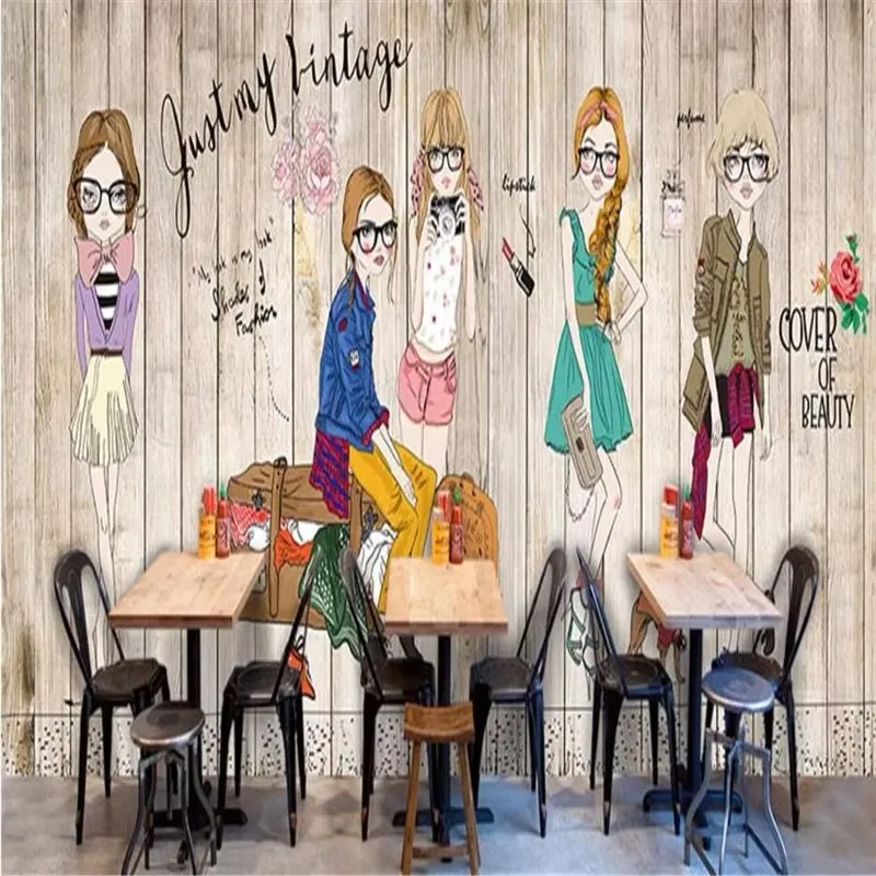 Custom 3d wallpaper Fashion girl wood grain Clothing store display background walls home decor work canvas relief material mural