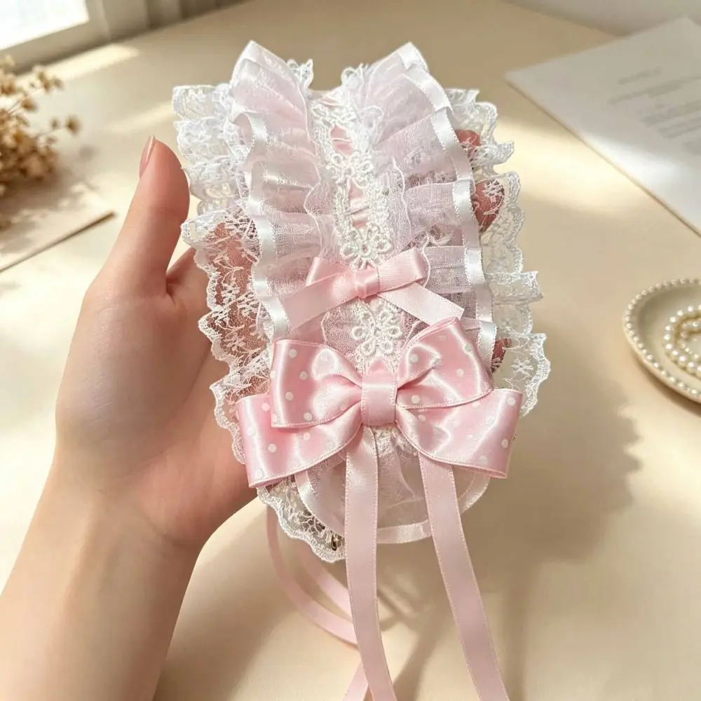 Cute Polka Dot Lace Headband Ruffled Trim Ribbon Bows Bow Headband Floral Lace Clip Fastening Princess Headdress Hair Styling