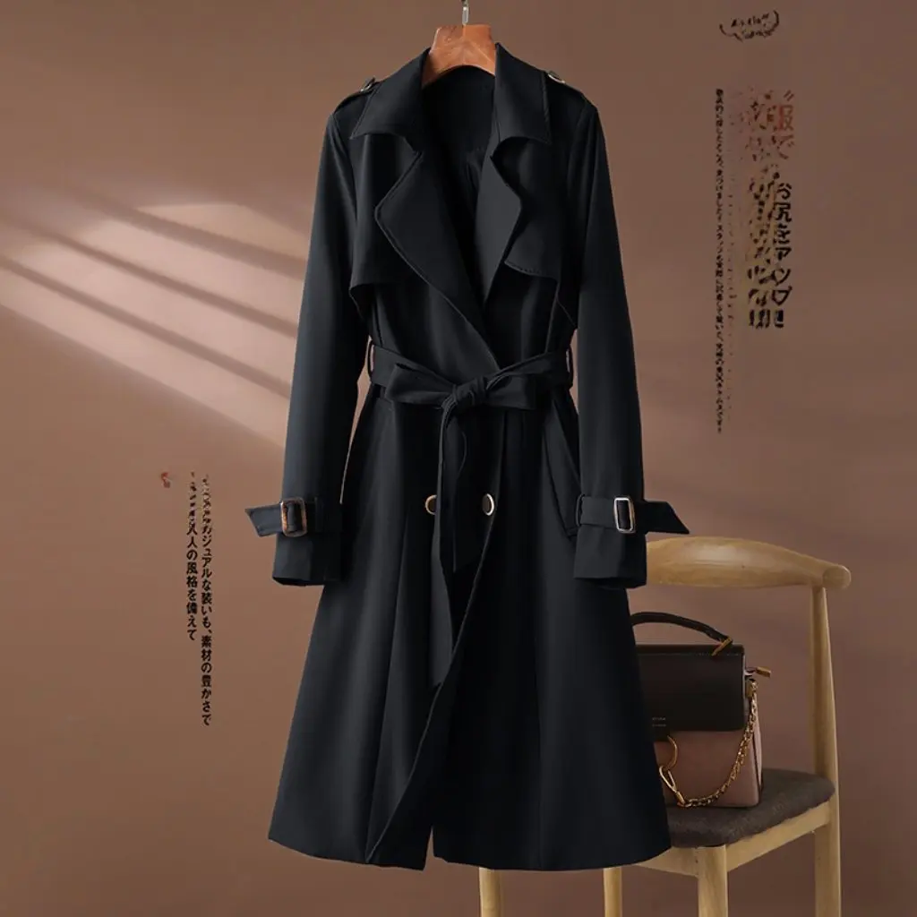

Autumn New Lapel Belt Over-the-Knee Double-Breasted Long Sleeve British Style Mid-Length Coat for Women 8523