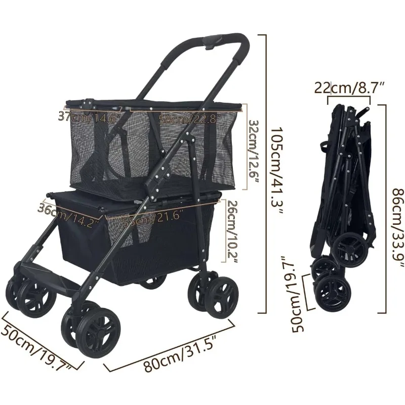 عربة تسوق قابلة للطي للبقالة بطبقتين، عربة تسوق محمولة ذات سلة مزدوجة مع 360 درجة °   عجلات دوارة