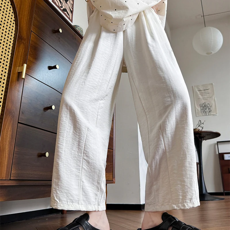 الصيف عارضة فضفاض واسعة الساق السراويل للنساء الحرير الجليد مطوي السراويل امرأة مريحة في الهواء الطلق الصلبة المرأة Capris