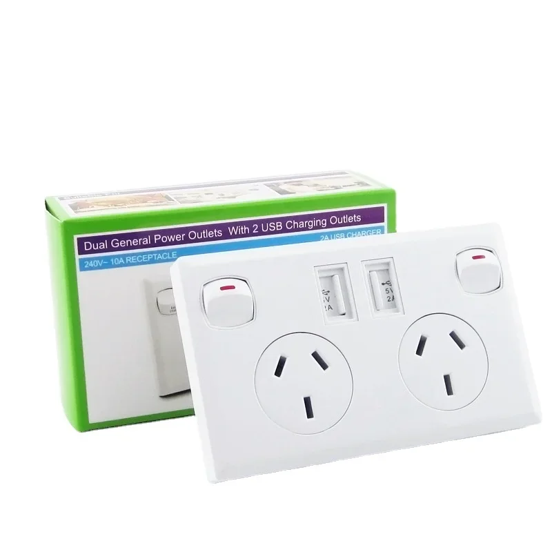 Australian Standard Usb Wall Dual Socket with 2gang Switch, Au Plug Adapter Mobile Phone Charging Power 10A Socket 118mm*72mm