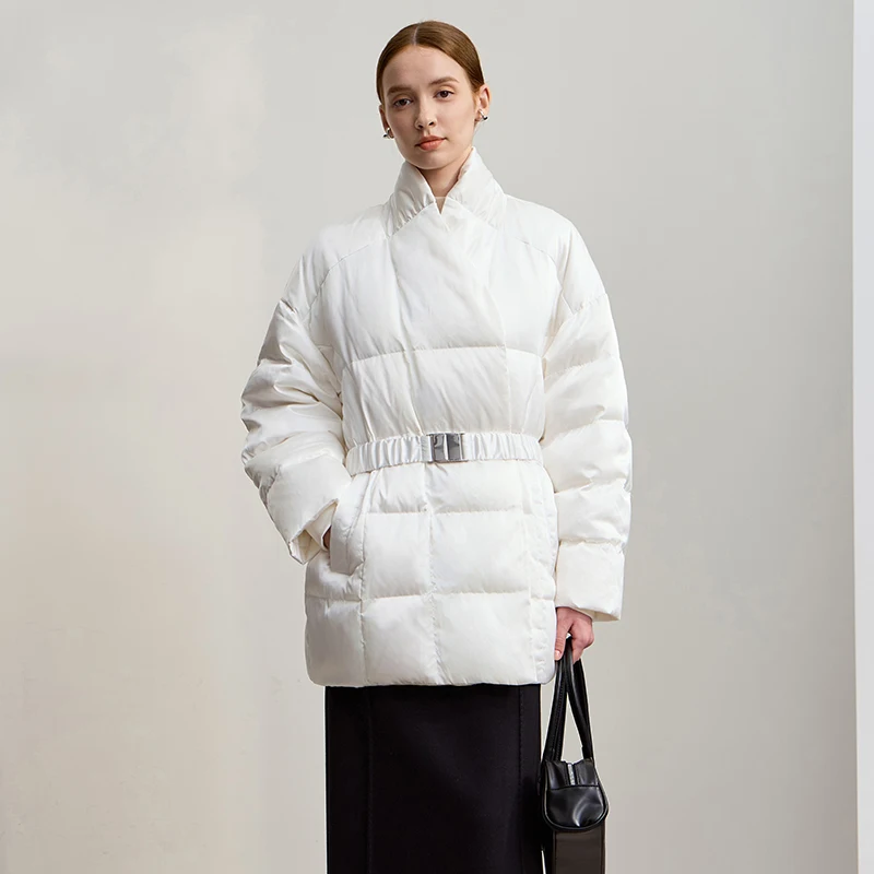 Amii para baixo casacos 2025 inverno novo gola alta com cinto manga longa superior quente em linha reta cor sólida para baixo jaquetas mulher 12544049