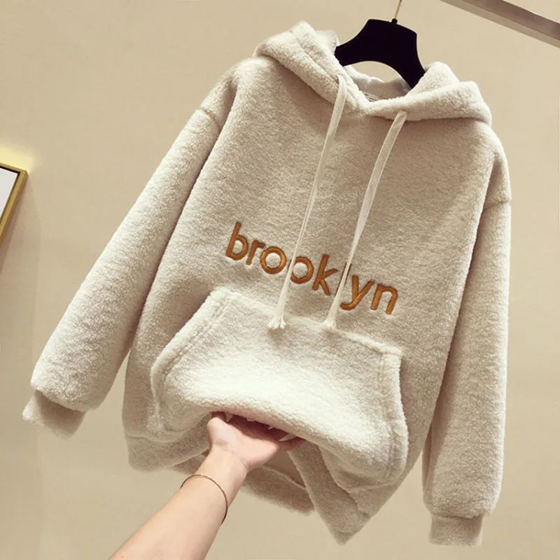 Winter Thicken Women\'s Tracksuit Two Piece Sets Warm Plush Sweatshirt Tops Conjuntos Casual Oversize Lambwool Harem Pants Outfit