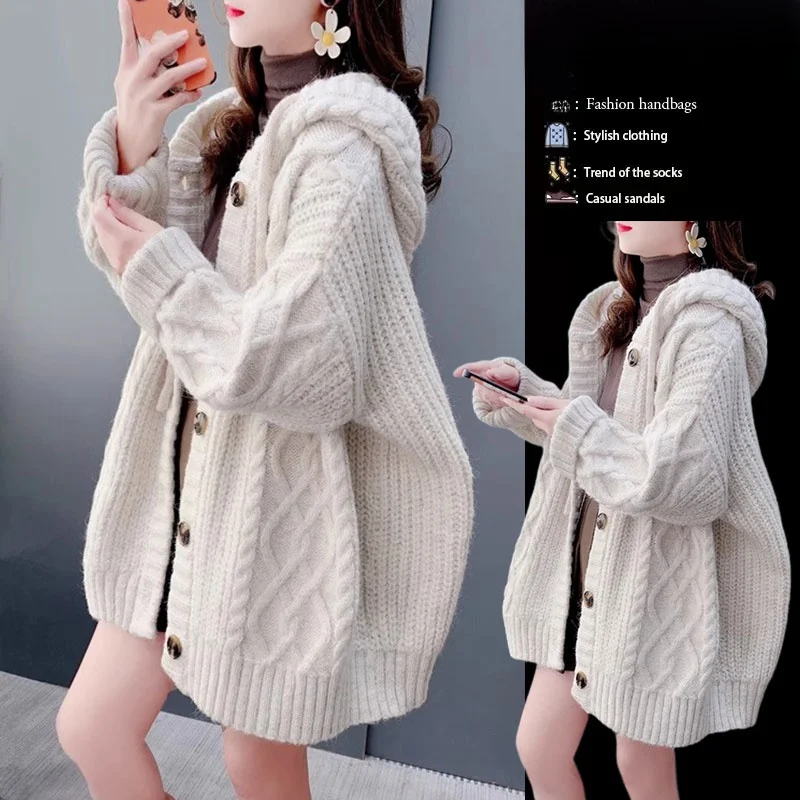 

Ladies Thickened Hooded Knitted Cardigan Loose Long Autumn Winter New Style Casual Fashion Sweater Coat for Women
