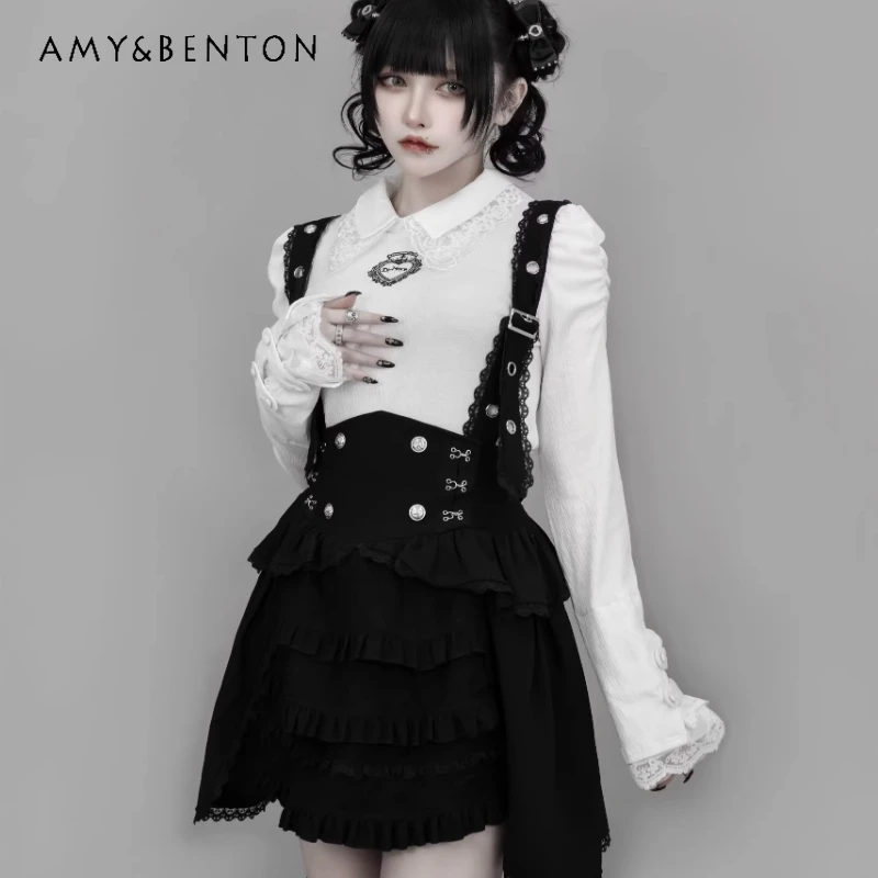 

Japanese Design Gothic Dark Subculture Women's T-shirt 2026 New Y2k Sweet Cool Lace Collar Splicing Knitted Bottoming Top Ladies