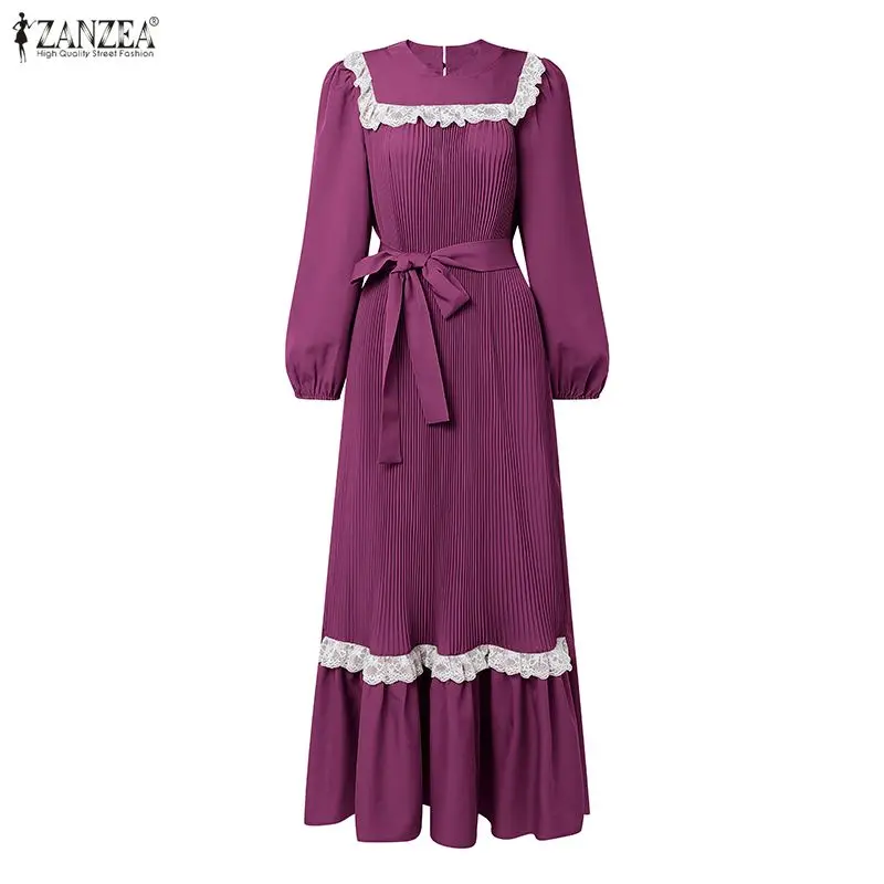 2026 ZANZEA Elegant Muslim Abaya Spring Lace Patchwork Dresses Women Elegant Long Sleeve Pleated Sundress Kaftan Ramadan Robe 2