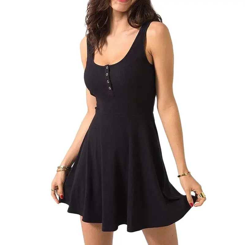 Women\'s Sexy Black Solid Summer Dress with Strap Tight Tank Top Dress High Waist Slim Fit Solid Color Flare Casual Dress