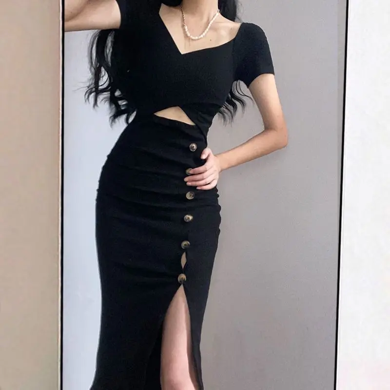 Gidyq Vintage Women Korean Dress Casual Sexy Hollow Out Midi Dresses Elegant Female Designed Buttons Slit Ball Gown Dress New