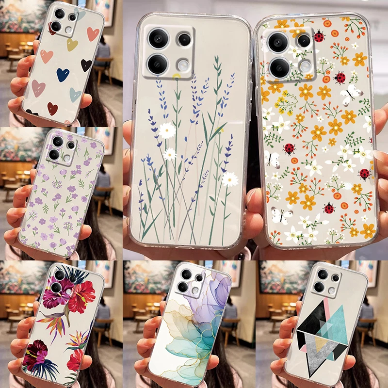 For Redmi Note 13Pro 4G 13Pro 5G Phone Case Speckle Ink Block Flowers Pink Hearts Pattern For Redmi Note 13Pro Transparent Shell