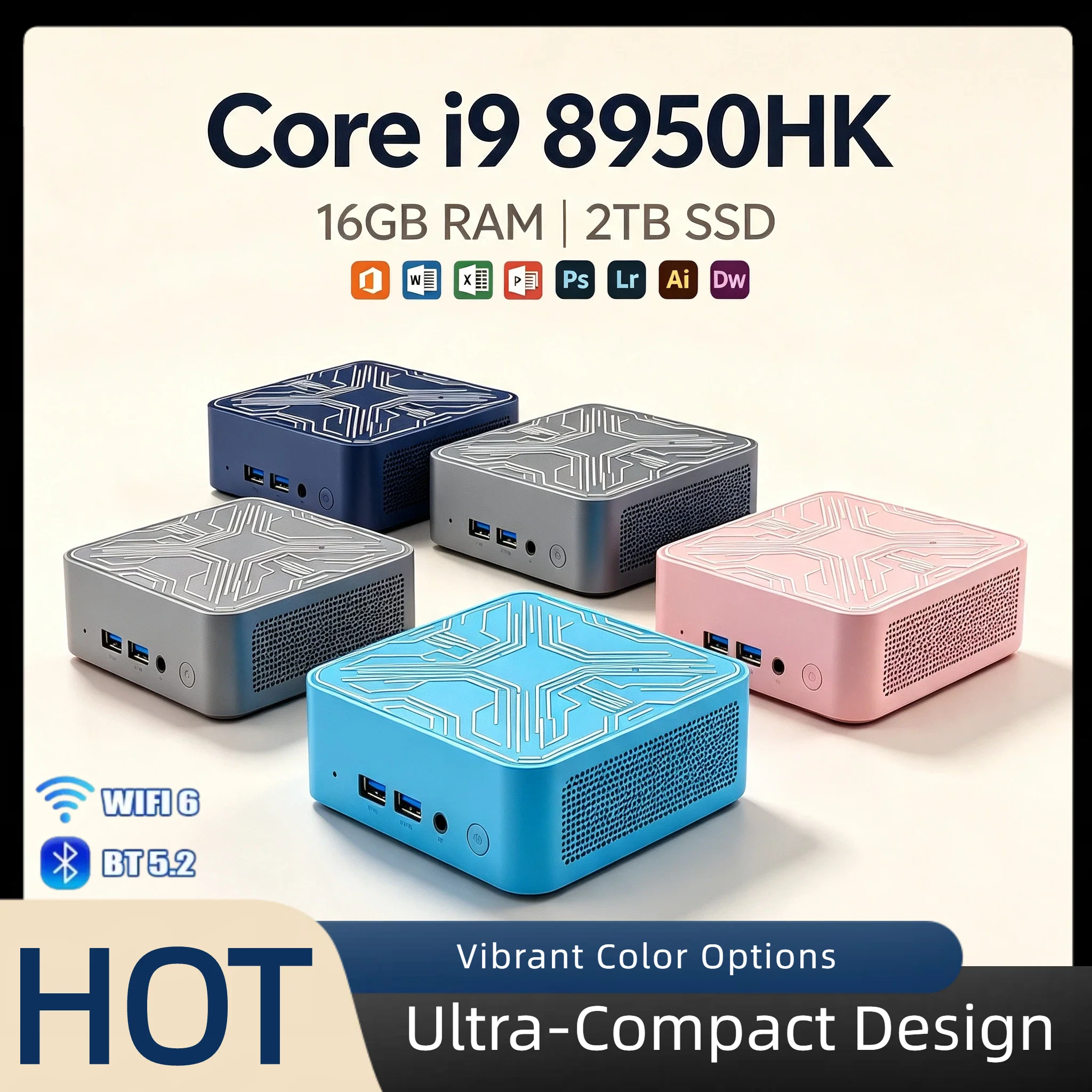 Intel Core i9 8950HK Ultra Compact Mini Desktop 16GB DDR4 2TB SSD Triple 4K Monitor WiFi6 BT5.2 High Performance Home Office Pro