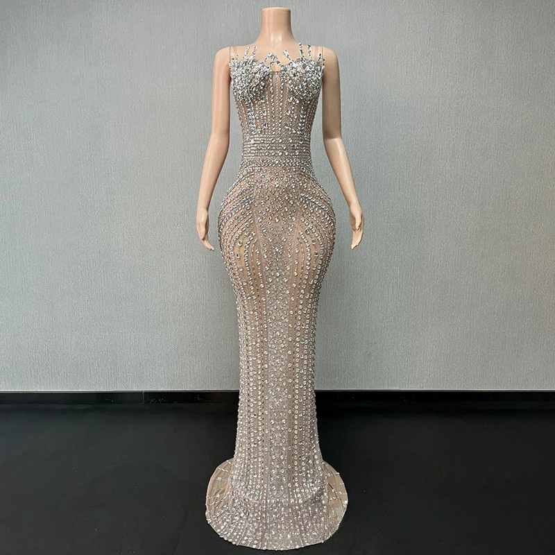 Vestido de noche elegante con parte superior de tubo de sirena, vestido de noche brillante con diamantes de imitación, vestido de fiesta de cumpleaños para ocasiones importantes de gama alta, modelo de pasarela