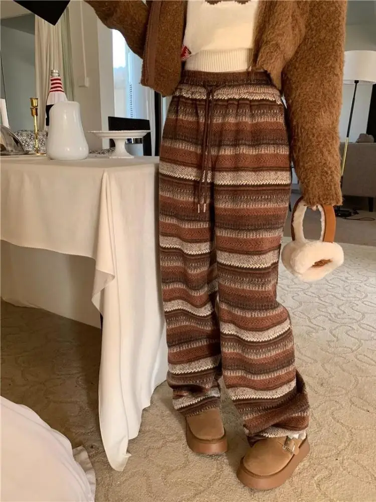 

GUUZYUVIZ Loose High Waist Vintage Striped Wide Leg Pants Autumn Winter Casual Thick Warm Woole Full Length Trousers