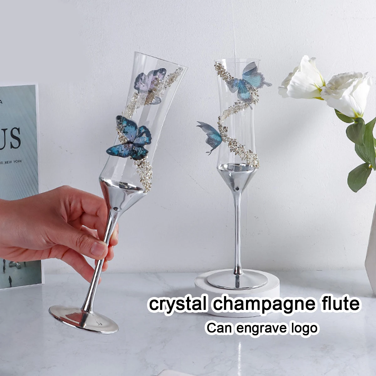 (Can Engraved Logo) 130ML Butterfly Electroplating Household Crystal Glass Champagne Flute, Wedding/Party Goblet