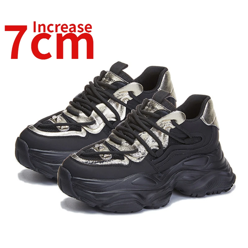 

Sports Dad's Shoes for Women Increased 6cm Spring New Cowhide Thick Sole Height Increasing Shoes Lace Up Round Head Casual Shoes