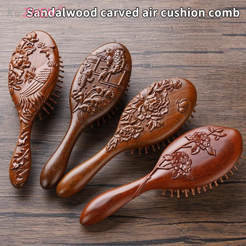 Oval Shape Wooden Air Cushion Comb Hand Carved Wooden Air Cushion Brush Oval Hairstyle Brush for Daily Scalp Massage Detangling