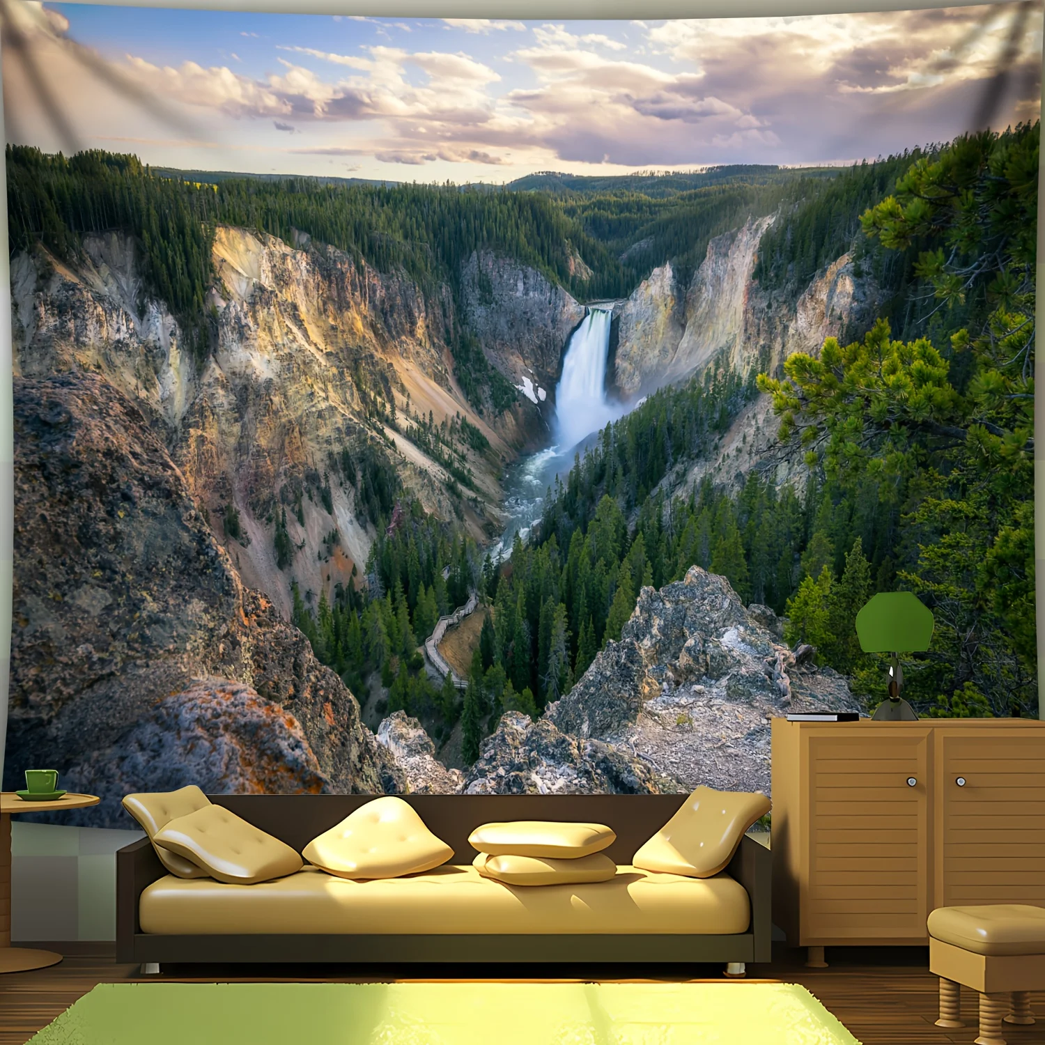 Majestic Yellowstone Canyon Landscape Tapestry - Extra Large Wall Hanging with Nature Scenery, Peach Skin Velvet Fabric, Woven