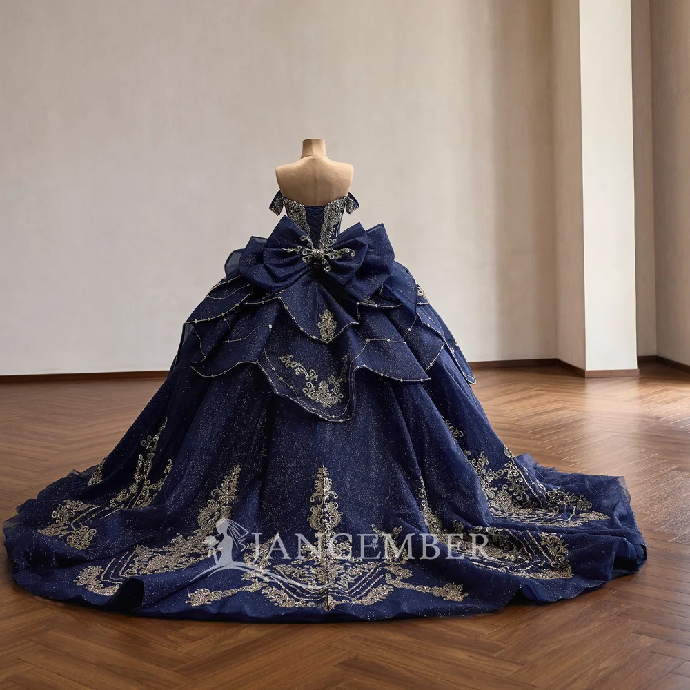 Navy Blue Ball Gown Customized Quinceanera Dress Off The Shoulder Baroque Embroidery Tulle Train vestidos de 15 quinceañera