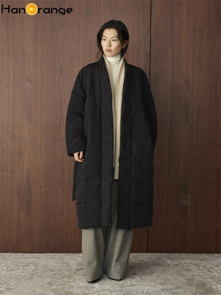 HanOrange 2026 Winter Art Designer Strap Long Down Parkas Women Warm Thick Coat Black/Beige Gray