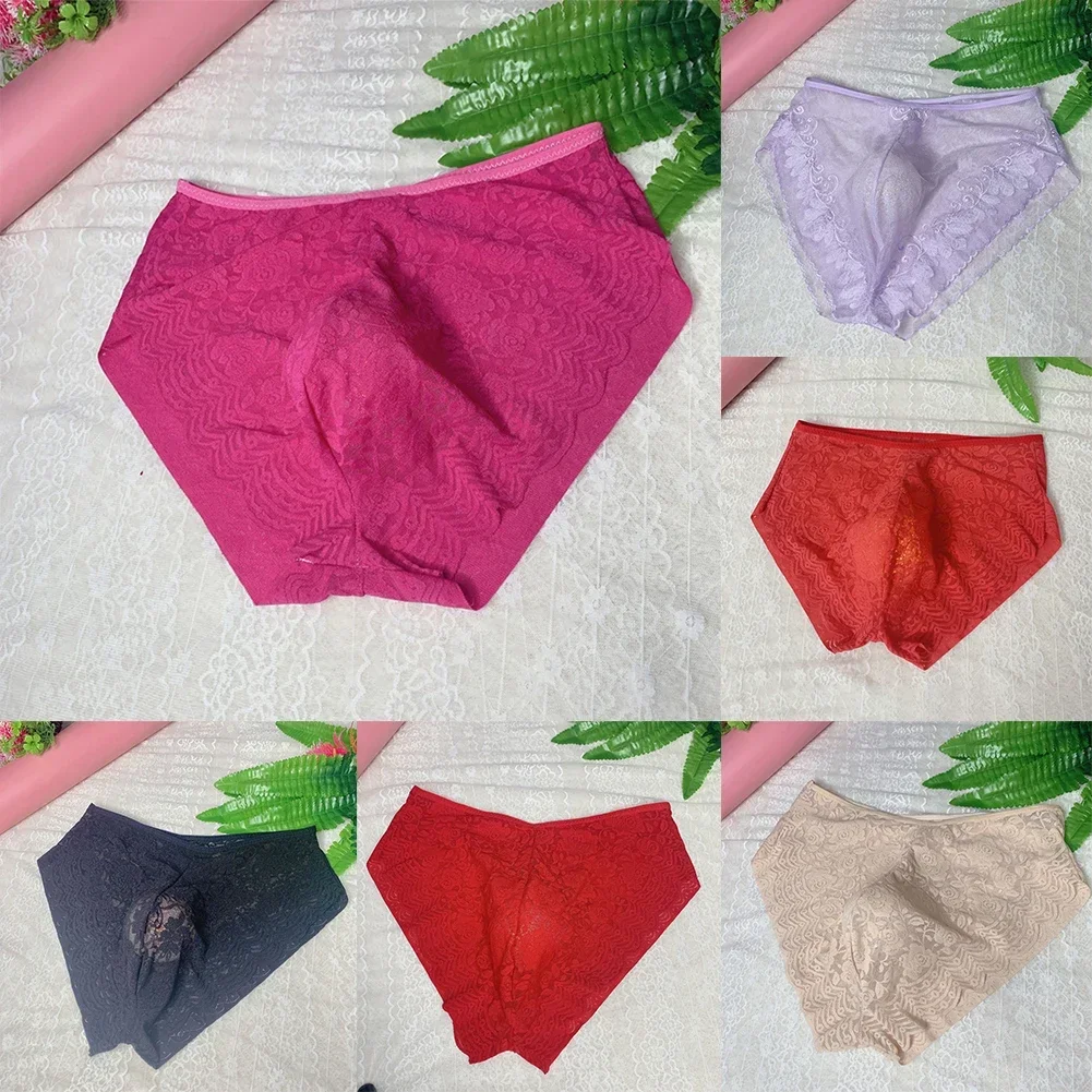 섹시한 시스루 레이스 브리프, 얇은 언더팬츠 통기성 속옷, 투명 팬티, 게이 쉬어 란제리, 그물 털실 니트
