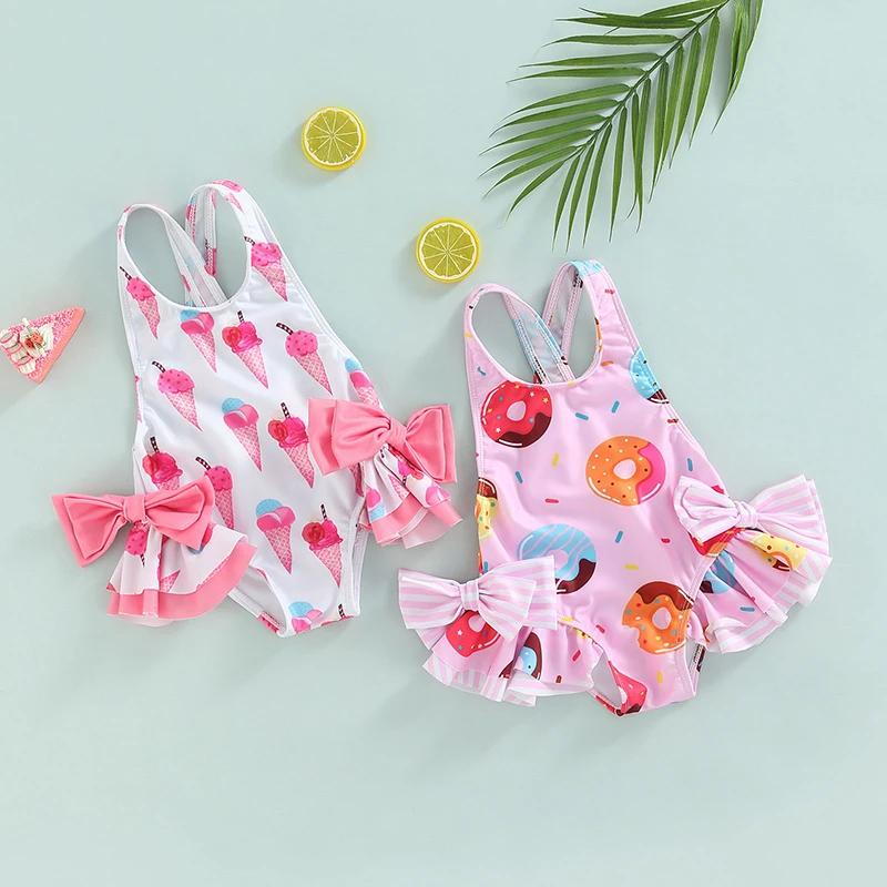 Kids Girls Swimwear Sleeveless Doughnut/Ice Cream Printed Large Bowknot Ruffled Triangle Bathing Romper Swimsuit