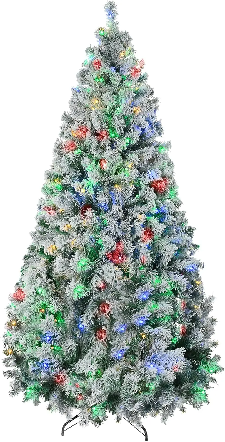 

HOMCOM 9ft Tall Prelit Artificial Christmas Tree Holiday Décor with 1939 Snow Flocked Branches, 900 Warm White or Colorful LED